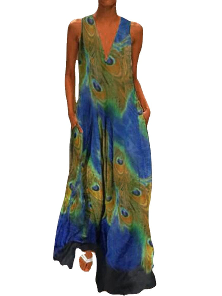 Women Sleeveless Peacock Print Bohemia Beach Long Maxi Dress