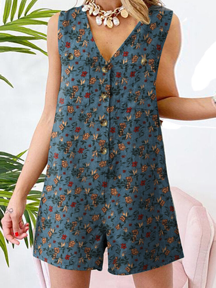 Leisure Calico Button Pocket Sleeveless V Neck Cotton Romper