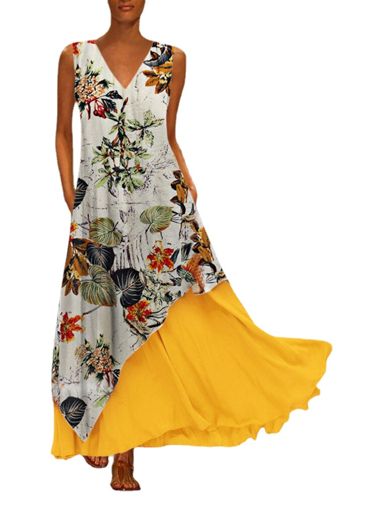 Women V-neck Sleeveless Floral Irregular Hem Two-Piece Pocket Dress