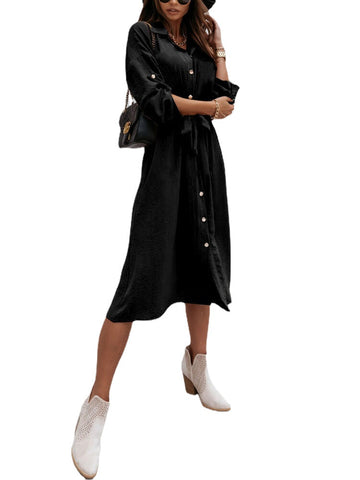 Women Solid Button Down Front Lace-Up Lapel Drop Shoulder Midi Dress
