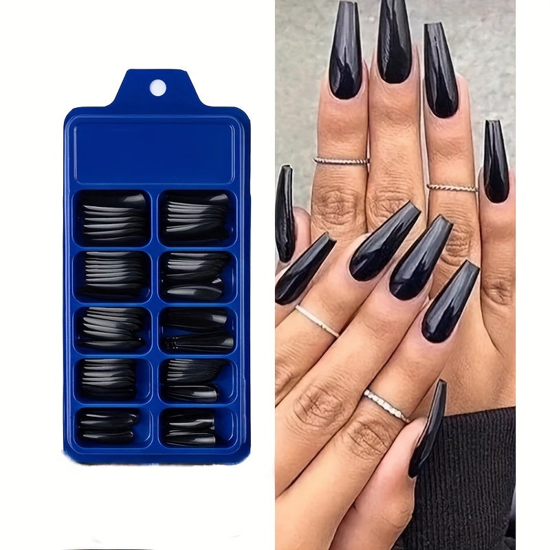120pcs Ultra-Glossy Black Coffin Nails - Long-lasting Fake Nails for Women & Girls - Durable, Quick Apply, Perfect Gift