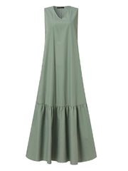 Solid Color V-neck Sleeveless Ruffles Hem Pleated Maxi Dress With Pocket