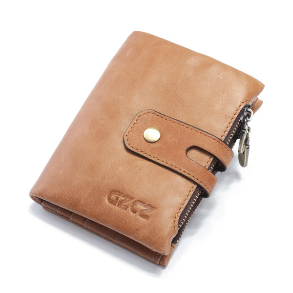 Men Women Retro Genuine Leather Tri-fold Wallet Card Holder Double Zipper