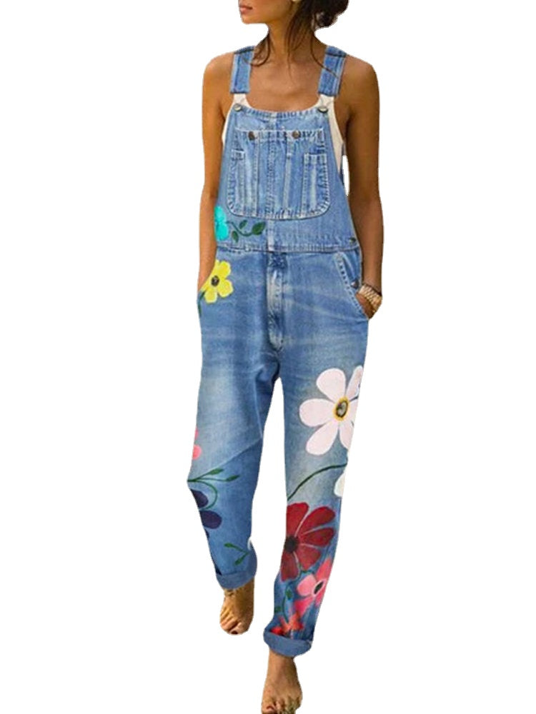Women Casual Big Flower Print Pockets Denim Jumpsuit