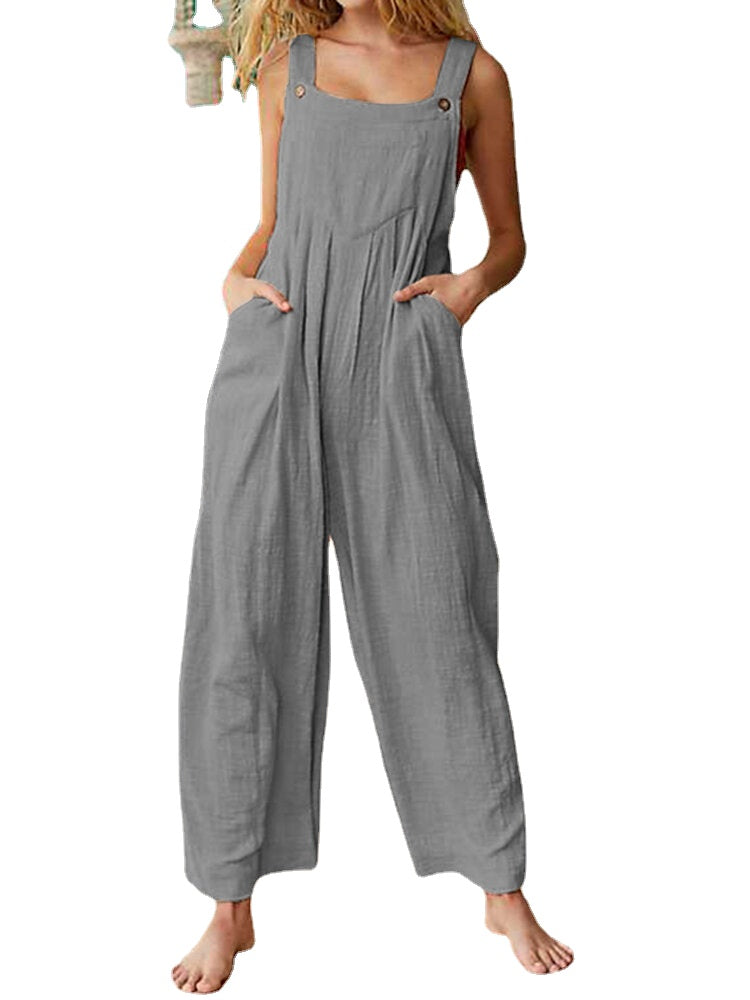 Solid Color Button Sleeveless Overalls Side Pocket Jumpsuit For Women