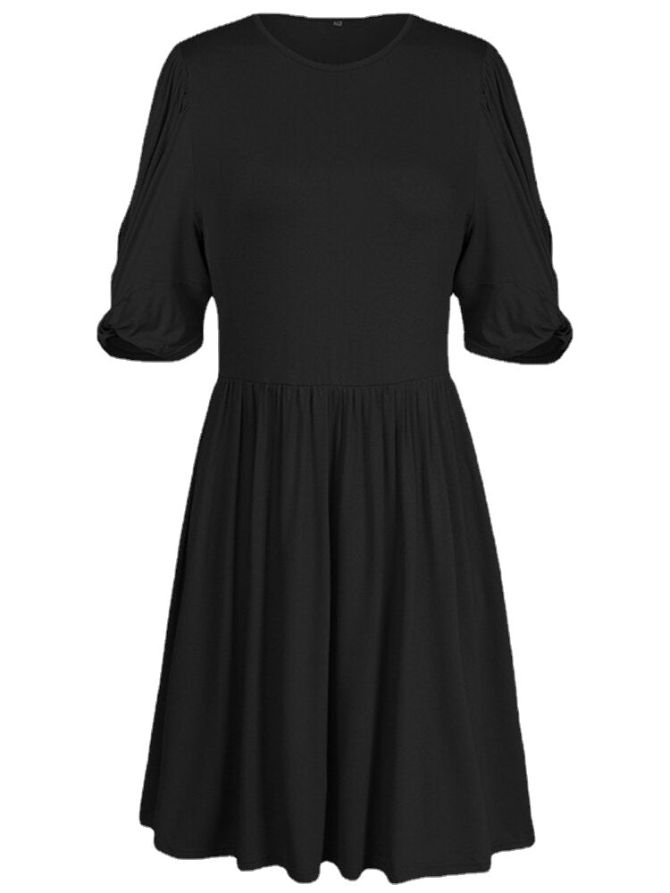 Women Pleats Solid Color Twist Sleeve Casual Dress