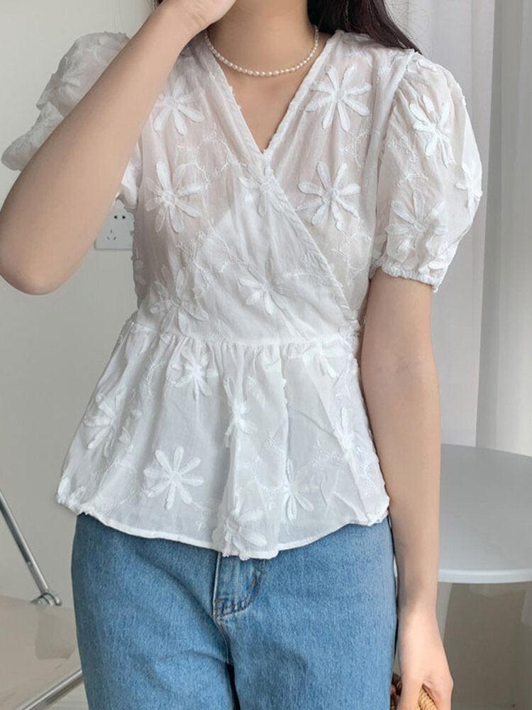 Cotton Flower Print Knotted Short Sleeve V Neck Blouse