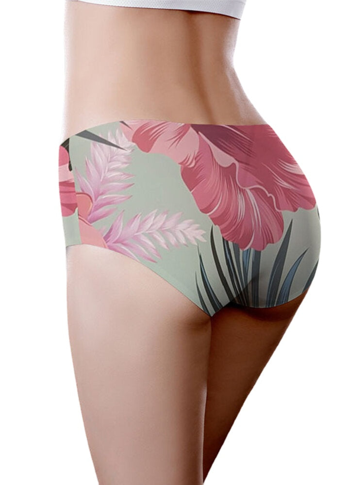 Seamless Women Floral Print Breathable Ice Silk Mid Waisted Panties