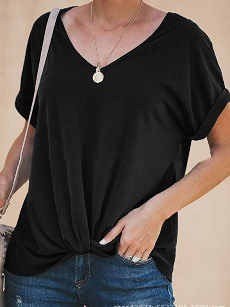 Women Casual Solid Color O-neck Short Sleeve Knot Blouse