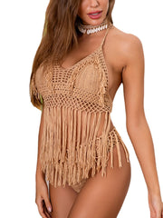 Women Hollow Out Tassel Trims Backless Weave Halter Holiday Beach Bikinis