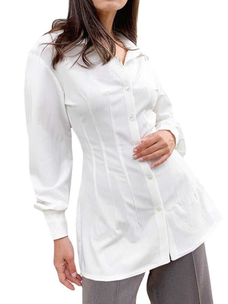 Solid Button Pleated Lapel Long Sleeve Casual Shirt