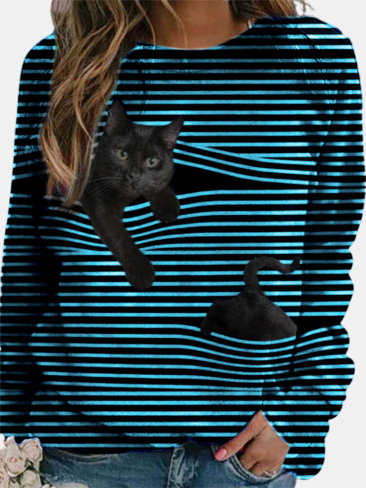 Women 3D Black Cat Print Long Sleeve Striped Casual Blouse