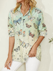 Butterfly Print Lapel Collar Long Sleeve Casual Shirt For Women