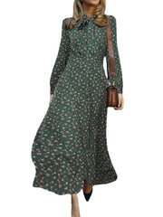 Women Floral Print Lace-Up Long Sleeve Side Zipper Casual Daily Maxi Dress