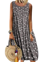 Women's Sleeveless Polka Dot Print Crew Neck Swing Boho Dress