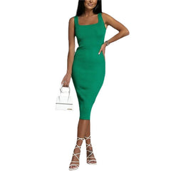 Women's Sleeveless Pure Color U Neck Stylish Elegant Temperament Slim Dress