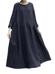 Women Solid O-Neck Irregular Front Buttons Casual Dress with Side Pockets