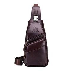 Men Genuine Leather Hasp Headphone Hole Large Capacity Vintage 6.5 Inch Phone Bag Chest Crossbody Shoulder