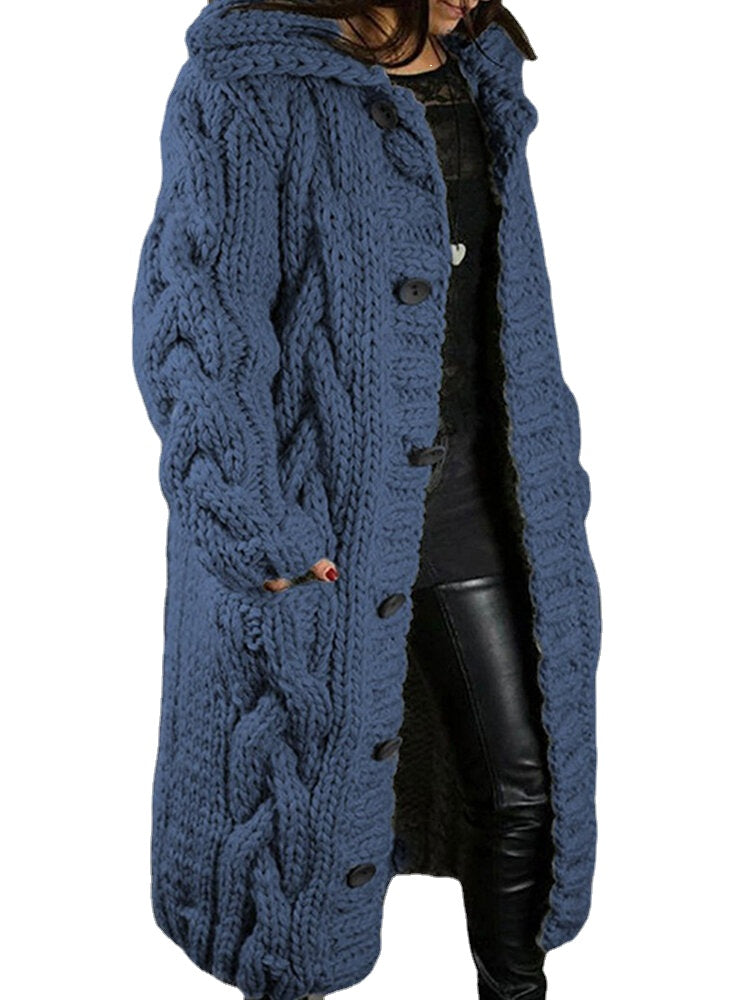 Women Solid Color Jacquard Knitted Mid-Length Hooded Cardigan With Pocket