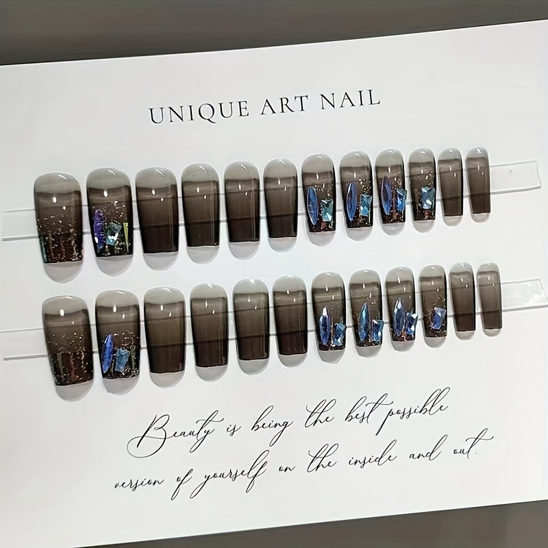 Glossy Press-On Nails: 24Pc Set with 3D Blue Rhinestones – Durable & Stylish