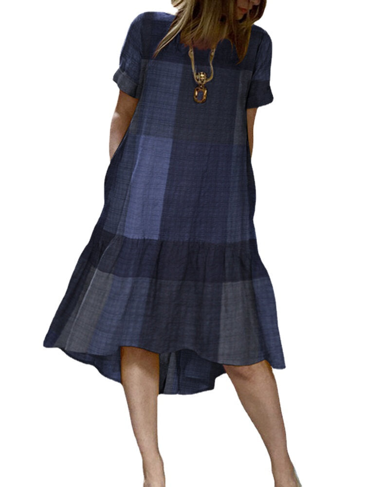 O-Neck Plaid Loose Casual Dress With Side Pockets For Women