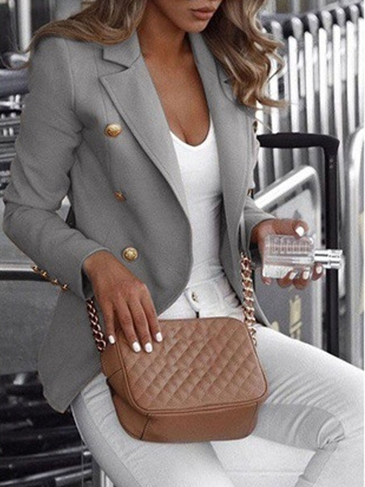 Women Solid Color Double Breasted Turnover Collar Elegant Blazers