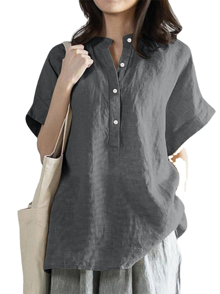 Solid Button Stand Collar Short Sleeve Loose Casual Blouse