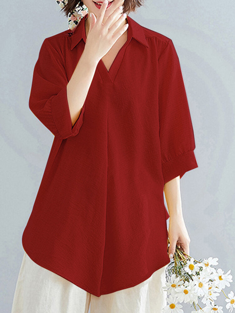 Solid Ruched Asymmetrical Lapel Casual Loose Blouse