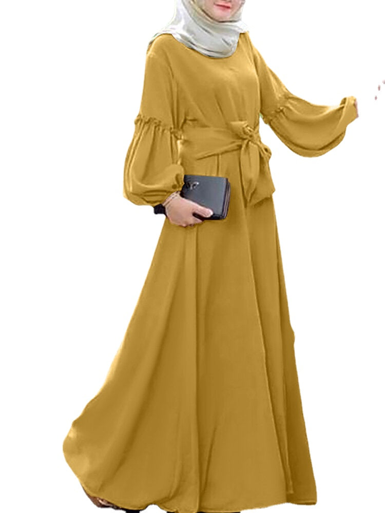 Women Long Sleeve Solid Color Belted O-Neck Button MaxiDress