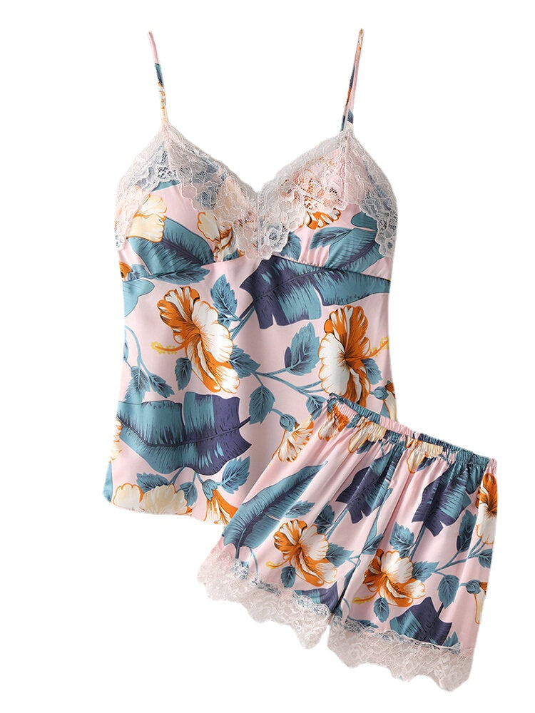 Women's Tropical Print Lace V-Neck Pajama Set