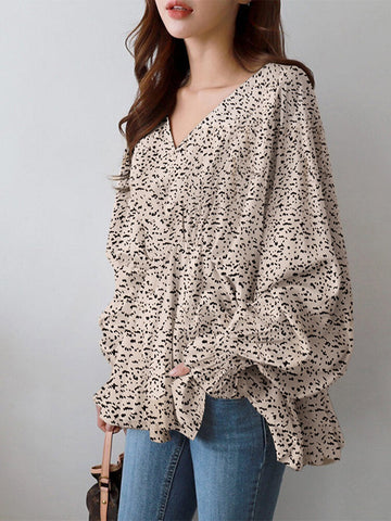 Puff Sleeve Solid Bohemian Casual Leopard Printed Blouse