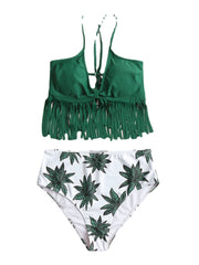 Women Tropical Plant Leaves Print Tassel Trim High Waist Bikini Bandage Hawaii Casual Swimwear