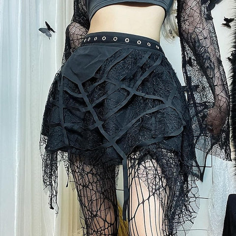 Women's Skirt Gothic Dress Mini Polyester Black Skirts Rivet Lace Trims Punk & Gothic