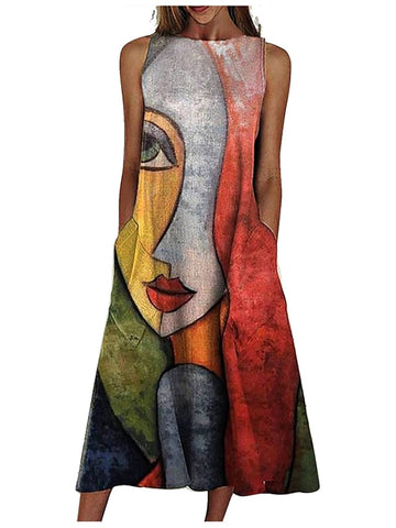 Casual Sleeveless Print Crew Neck Stylish Design Dress For Womens