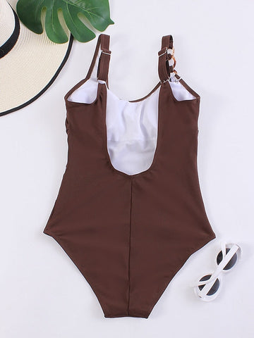 Women's Swimwear One Piece Normal Swimsuit Quick Dry Tummy Control Solid Color Striped Coffee color Black Bodysuit High Neck Bathing Suits Sports Beach Wear Summer