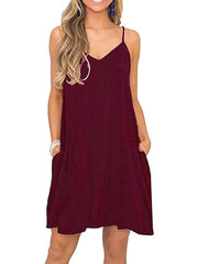 Women's Sleeveless Pure Color V Neck Stylish Loose Fit Pocket Dress