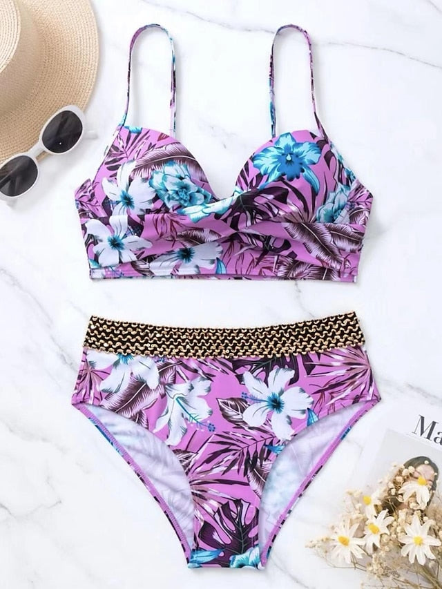 Women's Swimwear Bikini Normal Swimsuit 2 Piece Printing Floral Purple Green Bathing Suits Sports Beach Wear Summer