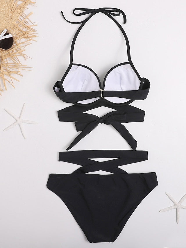 Women's Swimwear Bikini Monokini 2 Piece Normal Swimsuit 2 Piece Push Up Open Back Sexy Solid Color Black White Padded Bathing Suits New Fashion Sexy