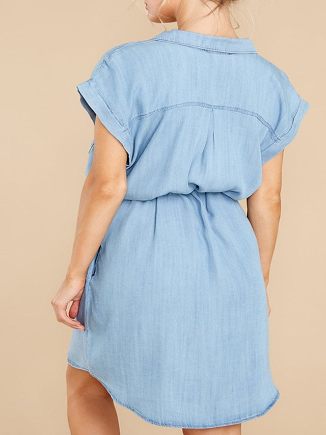 Women's Denim Shirt Dress - Sleeveless Lace-Up Mini Dress for Summer