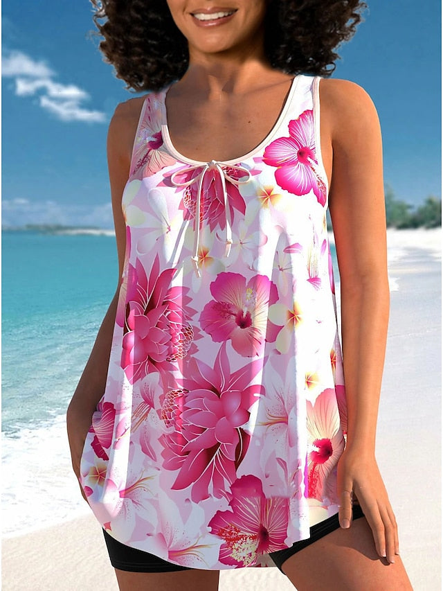 Women's Swimwear Tankini 2 Piece Plus Size Swimsuit 2 Piece Printing Floral Pink Tank Top High Neck Bathing Suits Sports Beach Wear Summer