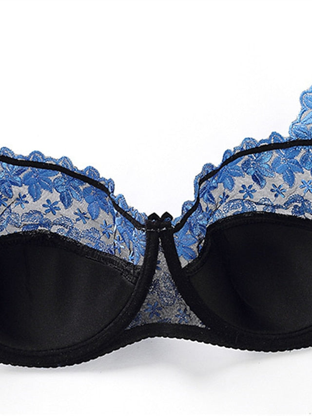 Women's Lace Bras Underwire Bras Fixed Straps Adjustable Full Coverage V Neck Breathable Push Up Pure Color Flower , Floral Hook & Eye Date Casual Daily Nylon Sexy 1PC White Blue , Bras & Bralettes