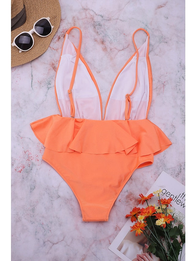 Women's Swimwear One Piece Monokini Normal Swimsuit Tummy Control Ruffle Open Back Solid Color Pink Plunge Bathing Suits New Party Elegant / Sexy / Padded Bras