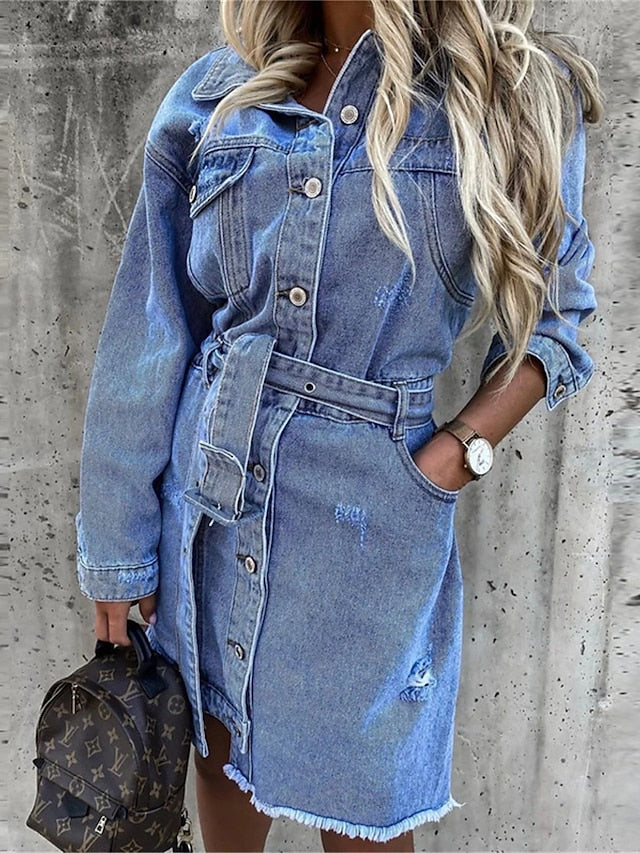 Women's Cotton Denim Midi Shirt Dress with Lace-Up and Buttons for Spring/Summer