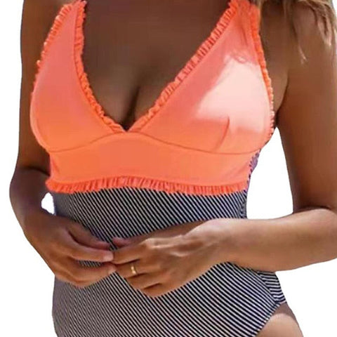 Women's Swimwear One Piece Monokini Bathing Suits Plus Size Swimsuit Water Sports Tummy Control Open Back High Waisted for Big Busts Stripe Black Blue Orange V Wire Bathing Suits New Casual Vacation