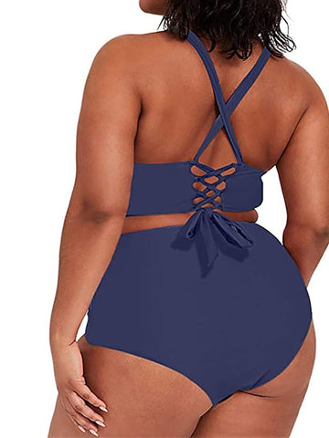 Women's Swimwear Bikini 2 Piece Plus Size Swimsuit Lace up Open Back Printing High Waisted for Big Busts Leopard Pure Color Leopard Black Blue Orange Padded V Wire Bathing Suits New Vacation Sexy