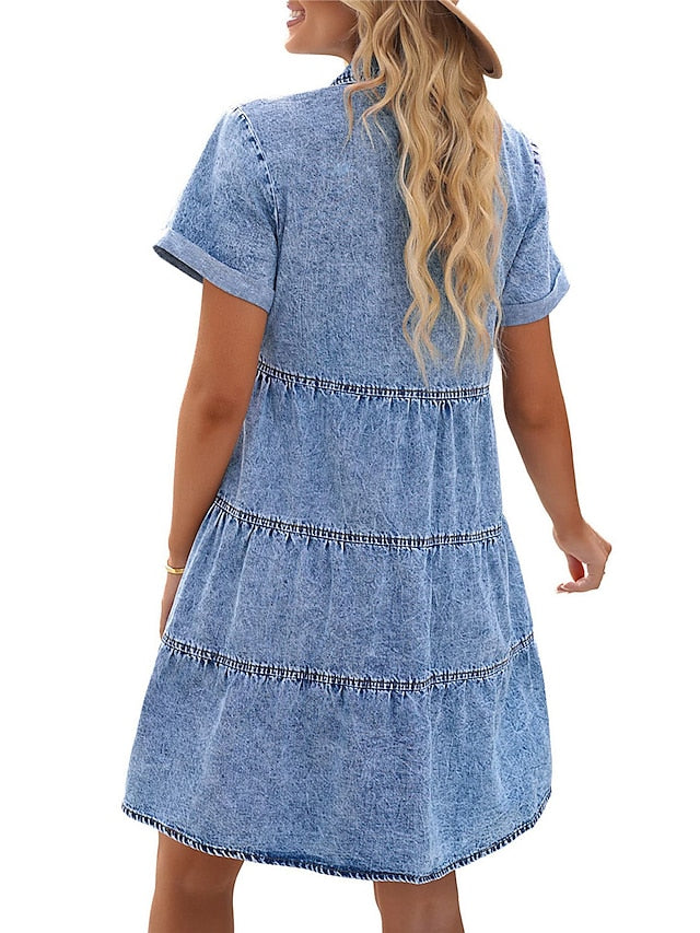 Women's Denim Shift Dress - Casual Mini Shirt Dress with Pockets, Short Sleeve