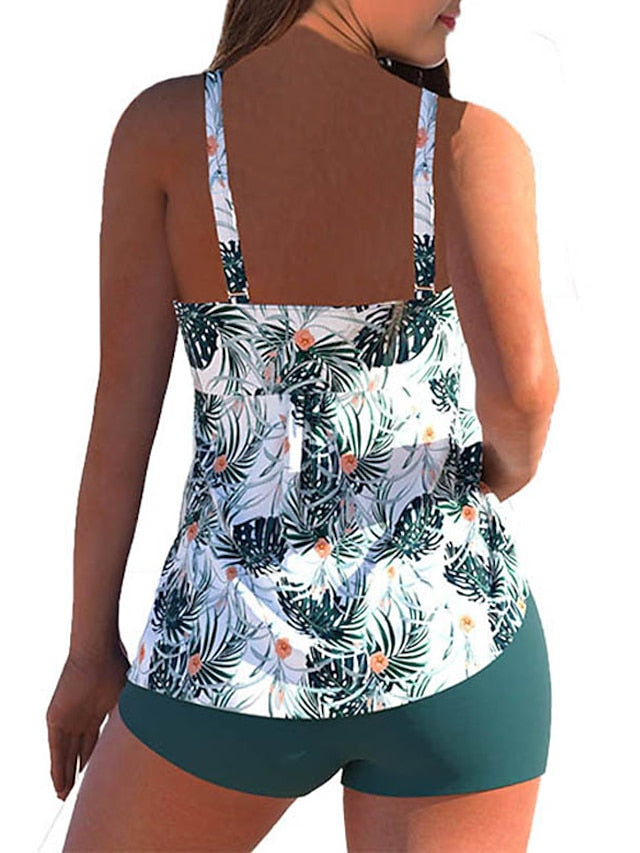 Women's Swimwear Tankini 2 Piece Plus Size Swimsuit Open Back Printing Flower Gradient Color Green Blue Purple Navy Blue White Camisole V Wire Bathing Suits New Vacation Fashion / Modern