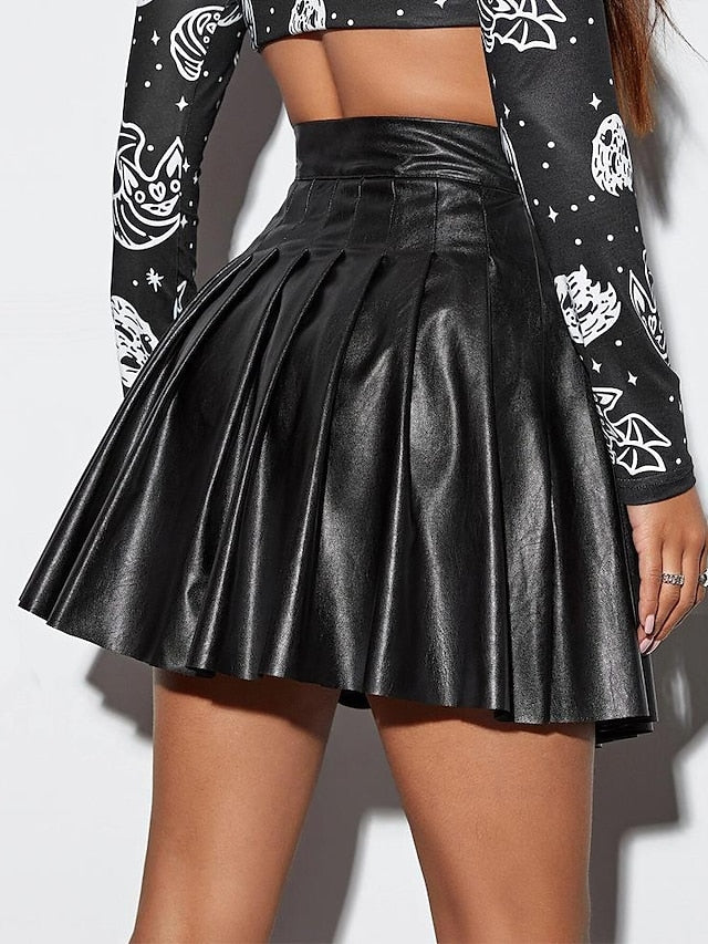 Women's A Line Mini Leather Black Skirts Pleated Fashion Casual Daily