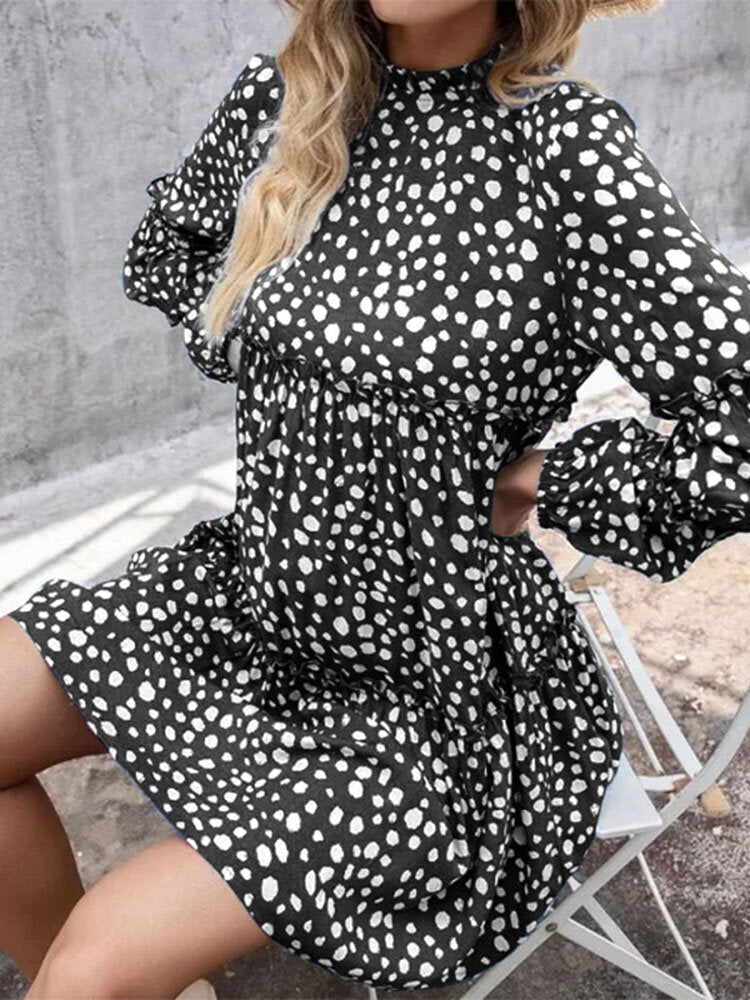 Women Bohemian Retro Knee Length Polka Dots Casual Midi Dresses