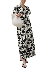 Women Floral Print Bohemian Leisure Maxi Dress With Side Pockets